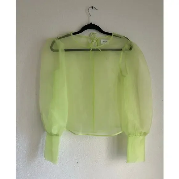 Grey Lab Sheer Neon Green Long Sleeve Keyhole Back Tie Closure Blouse Size Large - Picture 1 of 10